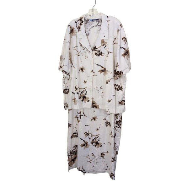 Womens Linen Blend Skirt and Top Set Plus Size 5X Cream Brown Floral - Picture 2 of 6